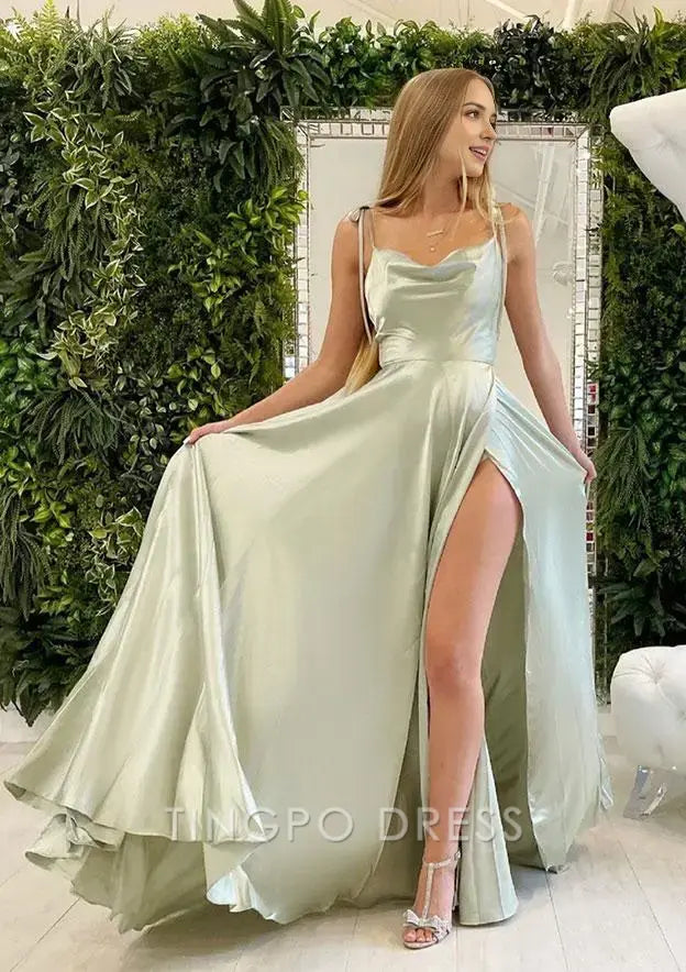 TingPo Wholesale Elegant A-line Sleeveless Cowl Neck Long/Floor-Length Charmeuse Prom Dress With Pleated Split